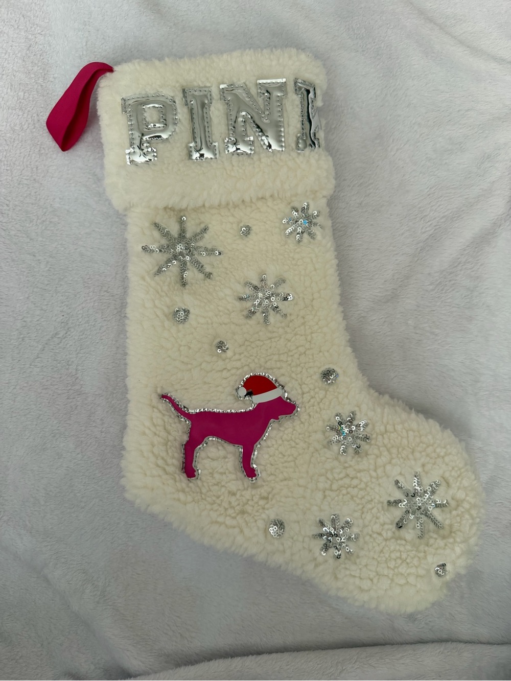 PINK Plush Holiday Stocking with Pink Dog Accent